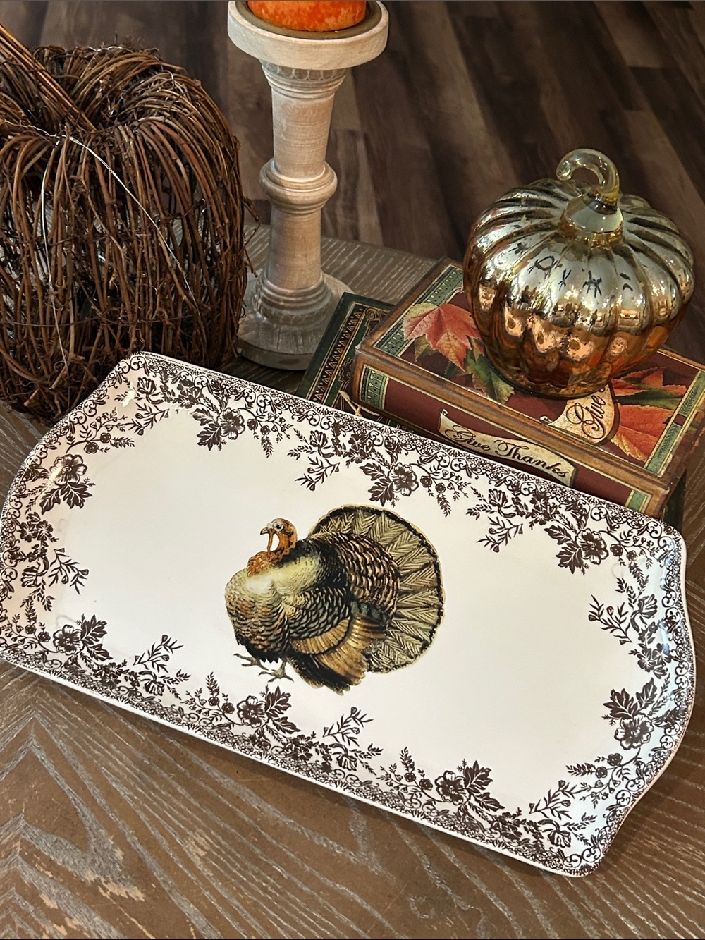 NEW! Fall Harvest Toile Ceramic Thanksgiving Turkey Serving Platter Tray